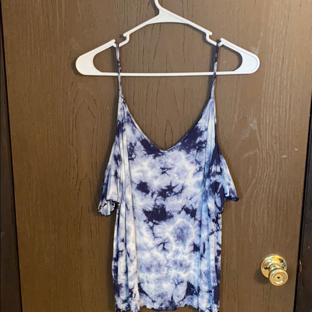 open shoulder navy blue tie die shirt